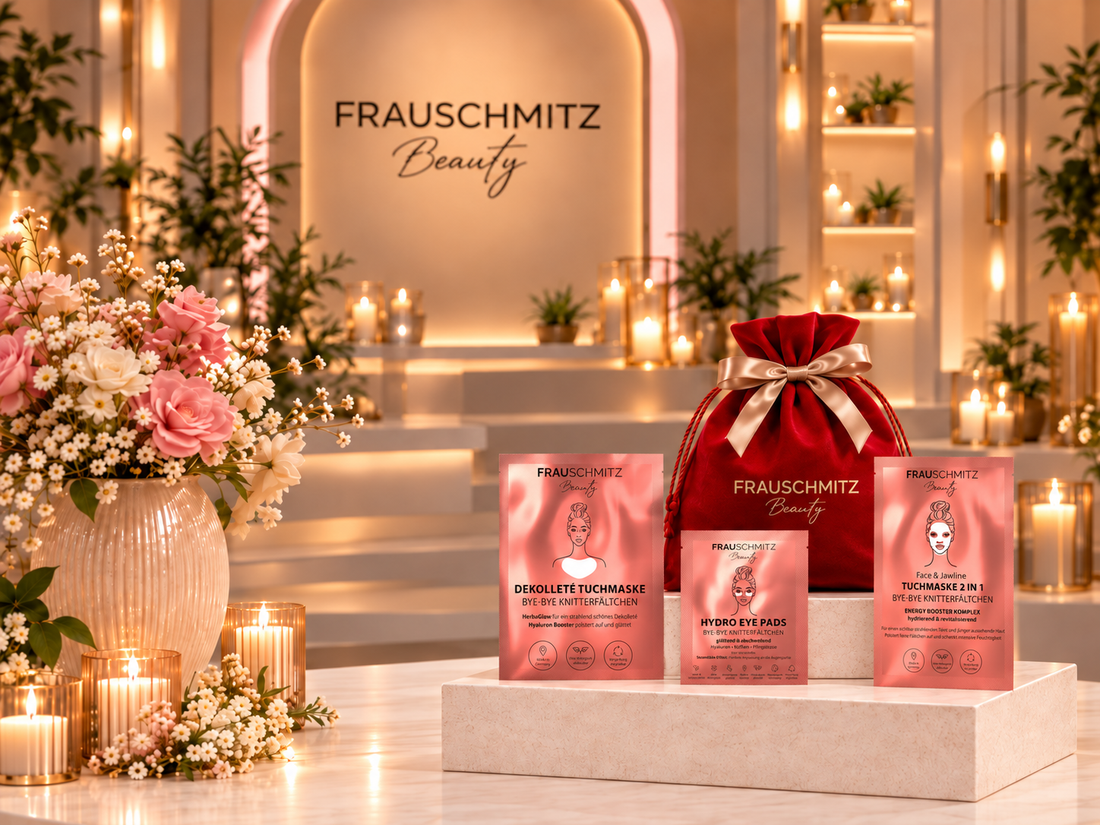 FRAUSCHMITZ Trio Glow Geschenk-Set im roten Samtbeutel mit Dekolleté Tuchmaske, Hydro Eye Pads und Face & Jawline Tuchmaske im Kerzenschein