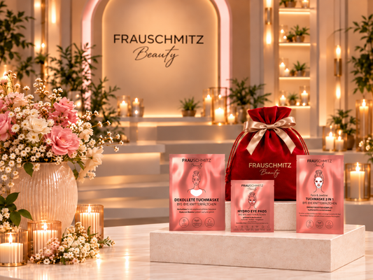 FRAUSCHMITZ Trio Glow Geschenk-Set im roten Samtbeutel mit Dekolleté Tuchmaske, Hydro Eye Pads und Face & Jawline Tuchmaske im Kerzenschein