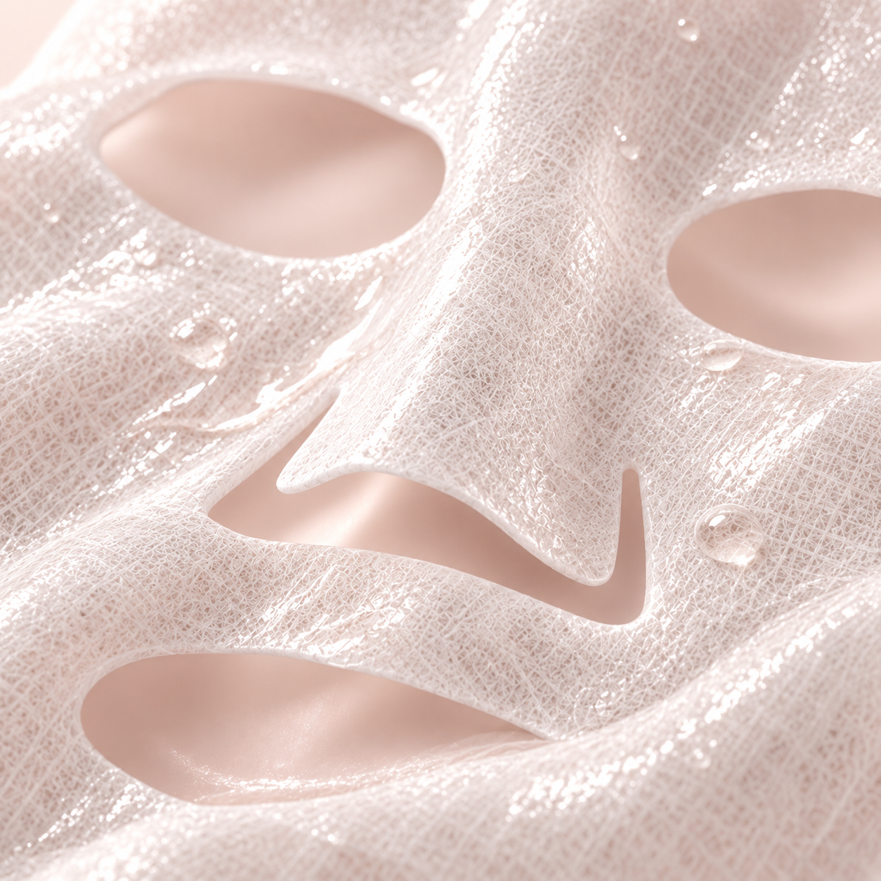 Makro eines gesichtsförmigen SecondSkin-Vlieses mit Serumfilm