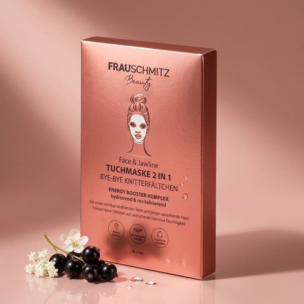 FRAUSCHMITZ Face & Jawline Tuchmaske 2in1 – rosé Verpackung mit schwarzen Johannisbeeren