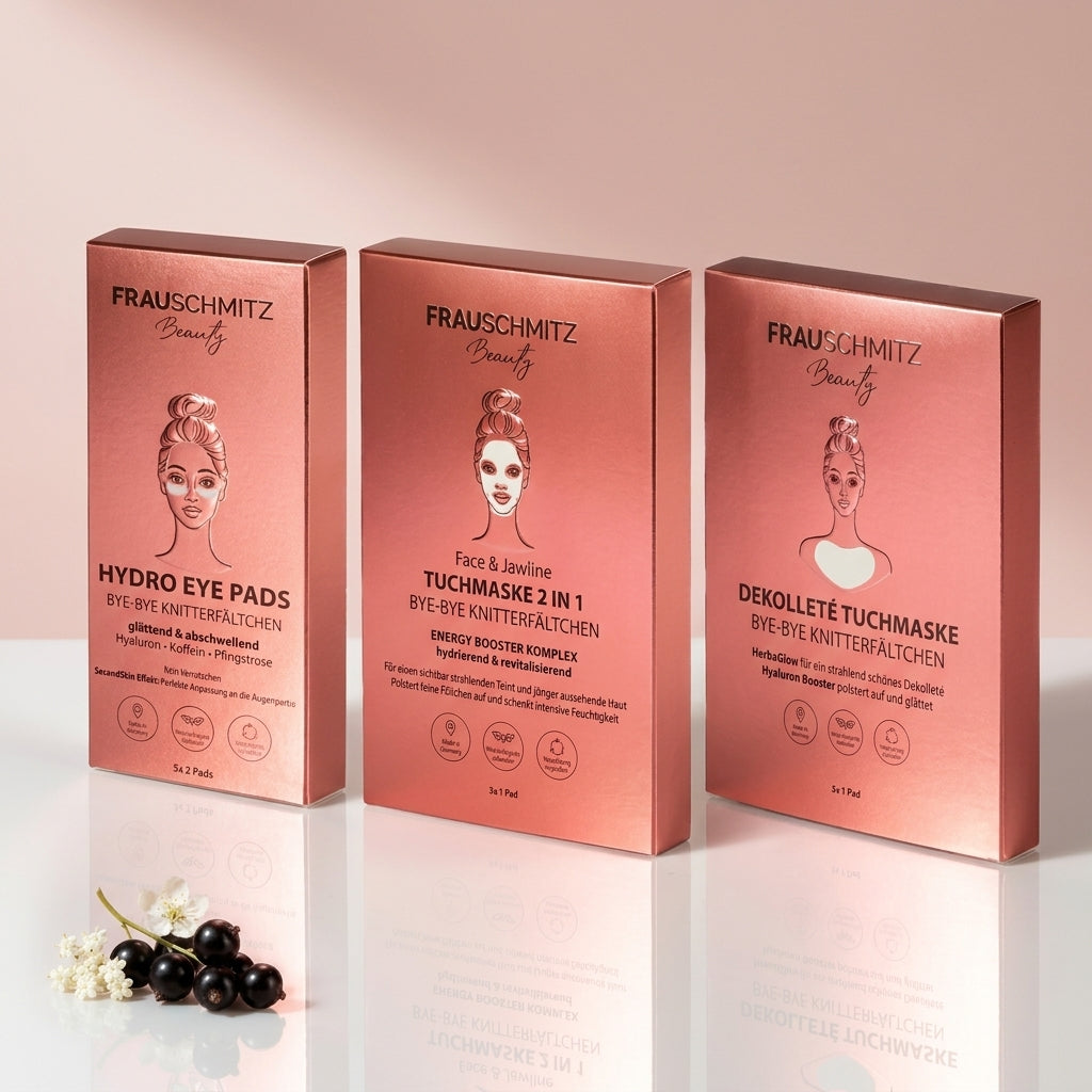 FRAUSCHMITZ 3-Zonen Glow Set – Hydro Eye Pads, Face & Jawline und Dekolleté Tuchmaske in rosé Verpackung